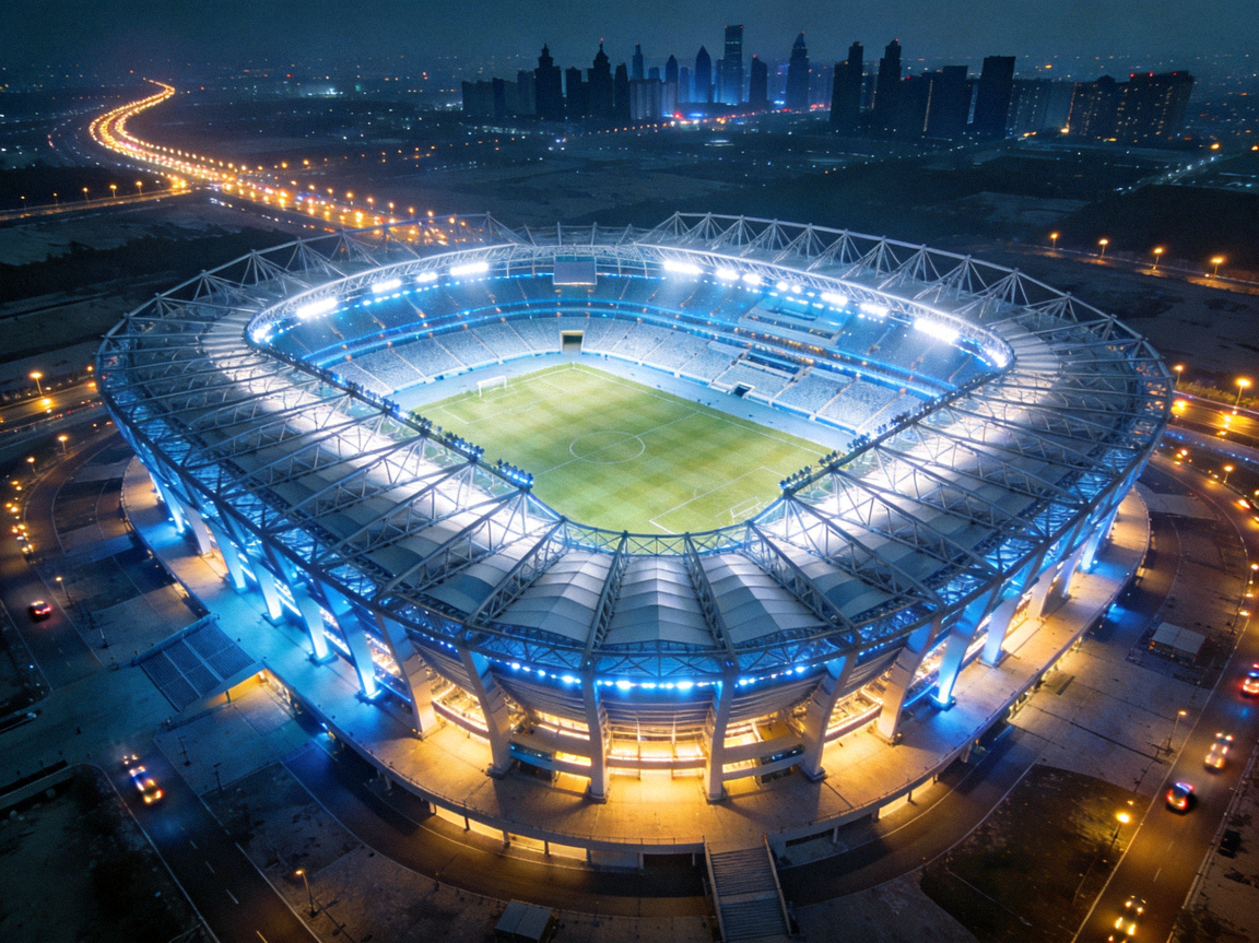 现代化大型体育场夜景，灯光璀璨，草坪整齐，代表世界杯主办城市的核心场馆标准